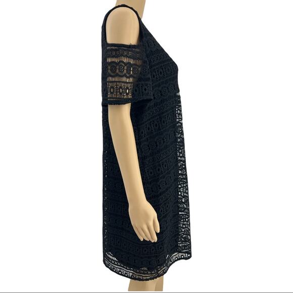 Design History LARGE Black Eyelet Lace Cold Shoulder Shift Midi Dress - Picture 3 of 5